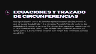 ECUACIONES Y TRAZADO
ECUACIONES Y TRAZADO
ECUACIONES Y TRAZADO
DE CIRCUNFERENCIAS
DE CIRCUNFERENCIAS
DE CIRCUNFERENCIAS
Para lograrlo debemos conocer dos elementos importantes:El centro de la circunferencia (C),
dado por sus coordenadasEl radio (r) de la misma circunferenciaDefinido esto, tendremos dos
posibilidades:A) Circunferencia con centro (C) en el origen de las coordenadas; expresado como C
(0, 0)B) Y circunferencia con centro (C) fuera del origen de las coordenadas; expresado, por
ejemplo, como C (3, 2).Circunferencia con centro (C) en el origen de las coordenadas; expresado
como C (0, 0).
3
3
3
 