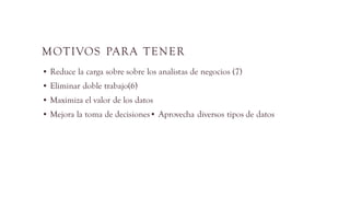 MOTIVOS PARA TENER
• Reduce la carga sobre sobre los analistas de negocios (7)
• Eliminar doble trabajo(6)
• Maximiza el valor de los datos
• Mejora la toma de decisiones• Aprovecha diversos tipos de datos
 