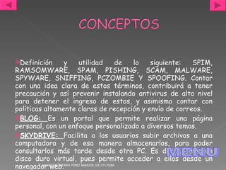 Definición y utilidad de lo siguiente: SPIM, RAMSOMWARE, SPAM, PISHING, SCAM, MALWARE, SPYWARE, SNIFFING, PCZOMBIE Y SPOOFING. Contar con una idea clara de estos términos, contribuirá a tener precaución y así prevenir instalando antivirus de alto nivel para detener el ingreso de estos, y asimismo contar con políticas altamente claras de recepción y envío de correos. BLOG:  Es un portal que permite realizar una página personal, con un enfoque personalizado a diversos temas.  SKYDRIVE:  Facilita a los usuarios subir archivos a una computadora y de esa manera almacenarlos, para poder consultarlos más tarde desde otra PC. Es decir, como un disco duro virtual, pues permite acceder a ellos desde un navegador web. JACKELINE ANDREA PÉREZ BARRIOS IDE 07170268 MENU 