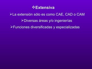 Extensiva La extensión sólo es como CAE, CAD o CAM Diversas áreas y/o ingenierías  Funciones diversificadas y especializadas 