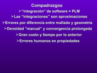 Compadrazgos “ I ntegración” de software = PLM   Las “integraciones” son aproximaciones  Errores por diferencia entre mallado y geometría  Densidad “manual” y convergencia prolongada  Gran costo y tiempo por lo anterior  Errores humanos en propiedades  