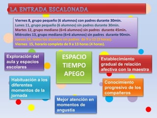 Viernes 8, grupo pequeño (6 alumnos) con padres durante 30min.
Lunes 11, grupo pequeño (6 alumnos) sin padres durante 30min.
Martes 12, grupo mediano (6+6 alumnos) sin padres durante 45min.
Miércoles 13, grupo mediano (6+6 alumnos) sin padres durante 90min.
Jueves 14, todos los alumnos sin padres de 9 a 12 (3 horas).
Viernes 15, horario completo de 9 a 13 horas (4 horas).
 