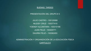 BUENAS TARDES
PRESENTACIÓN DEL GRUPO # 3
JULIO CASTRO - 100120068
NILEISY CRUZ - 100377415
YOENDY ALCANTARA - 100310186
JUAN FELIZ - 100405771
DAURIN FELIZ – 100362453
ADMINISTRACIÓN Y ORGANIZACIÓN DE LA EDUCACIÓN FÍSICA
CAPITULO 6
 