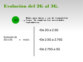 Evolución del 2G al 3G.
Redes para dat os y voz de t ransmi si ón
l ent a. No cumpl í an l as necesi dades
i nal ámbri cas
2G
Evolución de
2G a 3G FASES:
●De 2G a 2.5G
●De 2.5G a 2.75G
●De 2.75G a 3G
 