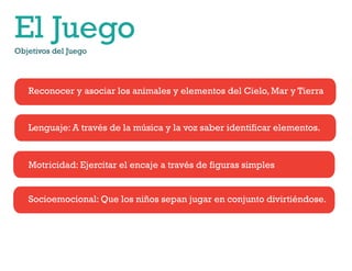 El Juego
Objetivos del Juego

Reconocer y asociar los animales y elementos del Cielo, Mar y Tierra

Lenguaje: A través de la música y la voz saber identificar elementos.

Motricidad: Ejercitar el encaje a través de figuras simples
Socioemocional: Que los niños sepan jugar en conjunto divirtiéndose.

 