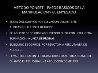 METODO PONSETI: PASOS BASICOS DE LA
MANIPULACIONY EL ENYESADO
• EL CAVO SE CORRIGE POR ELEVACION DEL ANTEPIE
ALINEANDOLO CON EL RETROPIE.
• EL ADUCTO SE CORRIGE ABDUCIENDO EL PIE CON UNA LIGERA
SUPINACION. NUNCA SE PRONA!
• EL EQUINO SE CORRIGE PORTENOTOMIA PERCUTANEA DE
AQUILES.
• ELVARO DELTALON SE LOGRA CORREGIR AUTOMATICAMENTE
CUANDO EL PIE LOGRA UNA ABDUCCION COMPLETA.
 