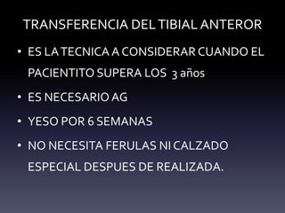 TRANSFERENCIA DELTIBIAL ANTEROR
• ES LATECNICA A CONSIDERAR CUANDO EL
PACIENTITO SUPERA LOS 3 años
• ES NECESARIO AG
• YESO POR 6 SEMANAS
• NO NECESITA FERULAS NI CALZADO
ESPECIAL DESPUES DE REALIZADA.
 