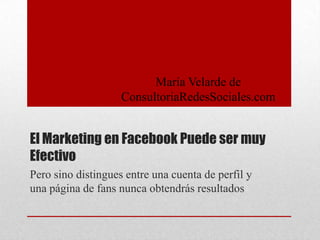 María Velarde de
ConsultoriaRedesSociales.com

El Marketing en Facebook Puede ser muy
Efectivo
Pero sino distingues entre una cuenta de perfil y
una página de fans nunca obtendrás resultados

 