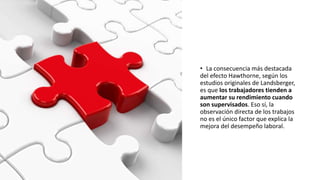 • La consecuencia más destacada
del efecto Hawthorne, según los
estudios originales de Landsberger,
es que los trabajadores tienden a
aumentar su rendimiento cuando
son supervisados. Eso sí, la
observación directa de los trabajos
no es el único factor que explica la
mejora del desempeño laboral.
 
