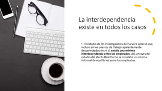 La interdependencia
existe en todos los casos
• El estudio de los investigadores de Harvard apreció que,
incluso en los puestos de trabajo aparentemente
desconectados entre sí, existía una mínima
interdependencia entre los empleados. Así, a través del
estudio del efecto Hawthorne se constató un sistema
informal de equilibrios entre los empleados.
 