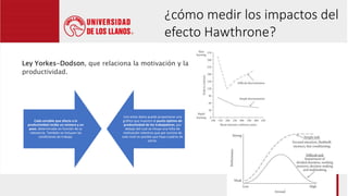 ¿cómo medir los impactos del
efecto Hawthrone?
Ley Yorkes-Dodson, que relaciona la motivación y la
productividad.
Cada variable que afecta a la
productividad recibe un número y un
peso, determinado en función de su
relevancia. También se incluyen las
condiciones de trabajo.
Con estos datos puede proyectarse una
gráfica que muestra el punto óptimo de
productividad de los trabajadores, por
debajo del cual se intuye una falta de
motivación mientras que por encima de
este nivel es posible que haya cuadros de
estrés.
 
