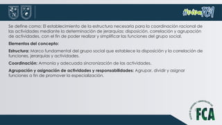 Se define como: El establecimiento de la estructura necesaria para la coordinación racional de
las actividades mediante la determinación de jerarquías; disposición, correlación y agrupación
de actividades, con el fin de poder realizar y simplificar las funciones del grupo social.
Elementos del concepto:
Estructura: Marco fundamental del grupo social que establece la disposición y la correlación de
funciones, jerarquías y actividades.
Coordinación: Armonía y adecuada sincronización de las actividades.
Agrupación y asignación de actividades y responsabilidades: Agrupar, dividir y asignar
funciones a fin de promover la especialización.
 