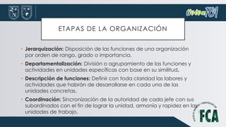 ETAPAS DE LA ORGANIZACIÓN
• Jerarquización: Disposición de las funciones de una organización
por orden de rango, grado o importancia.
• Departamentalización: División o agrupamiento de las funciones y
actividades en unidades específicas con base en su similitud.
• Descripción de funciones: Definir con toda claridad las labores y
actividades que habrán de desarrollarse en cada una de las
unidades concretas.
• Coordinación: Sincronización de la autoridad de cada jefe con sus
subordinados con el fin de lograr la unidad, armonía y rapidez en las
unidades de trabajo.
 