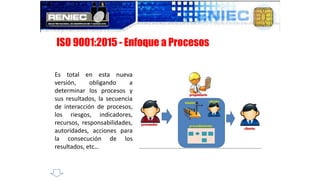ISO 9001:2015 - Enfoque a Procesos
Es total en esta nueva
versión, obligando a
determinar los procesos y
sus resultados, la secuencia
de interacción de procesos,
los riesgos, indicadores,
recursos, responsabilidades,
autoridades, acciones para
la consecución de los
resultados, etc…
 