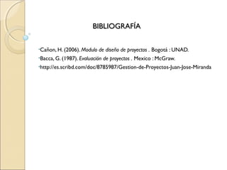 BIBLIOGRAFÍA

•Cañon, H. (2006). Modulo   de diseño de proyectos . Bogotá : UNAD.
•Bacca, G. (1987). Evaluación   de proyectos . Mexico : McGraw.
•http://es.scribd.com/doc/8785987/Gestion-de-Proyectos-Juan-Jose-Miranda
 