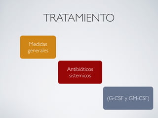 TRATAMIENTO

 Medidas
generales


            Antibióticos
             sistemicos



                           (G-CSF y GM-CSF)
 