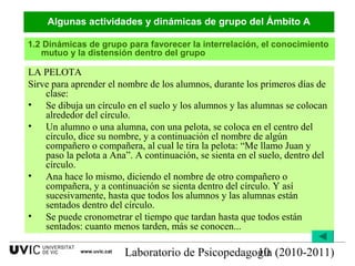 Laboratorio de Psicopedagogía (2010-2011)10www.uvic.cat
LA PELOTA
Sirve para aprender el nombre de los alumnos, durante los primeros días de
clase:
• Se dibuja un círculo en el suelo y los alumnos y las alumnas se colocan
alrededor del círculo.
• Un alumno o una alumna, con una pelota, se coloca en el centro del
círculo, dice su nombre, y a continuación el nombre de algún
compañero o compañera, al cual le tira la pelota: “Me llamo Juan y
paso la pelota a Ana”. A continuación, se sienta en el suelo, dentro del
círculo.
• Ana hace lo mismo, diciendo el nombre de otro compañero o
compañera, y a continuación se sienta dentro del círculo. Y así
sucesivamente, hasta que todos los alumnos y las alumnas están
sentados dentro del círculo.
• Se puede cronometrar el tiempo que tardan hasta que todos están
sentados: cuanto menos tarden, más se conocen...
Algunas actividades y dinámicas de grupo del Ámbito A
1.2 Dinámicas de grupo para favorecer la interrelación, el conocimiento
mutuo y la distensión dentro del grupo
 