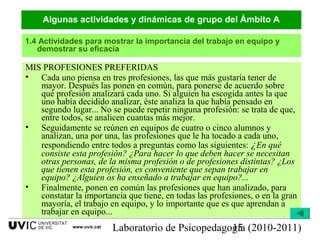 Laboratorio de Psicopedagogía (2010-2011)15www.uvic.cat
MIS PROFESIONES PREFERIDAS
• Cada uno piensa en tres profesiones, las que más gustaría tener de
mayor. Después las ponen en común, para ponerse de acuerdo sobre
qué profesión analizará cada uno. Si alguien ha escogida antes la que
uno había decidido analizar, éste analiza la que había pensado en
segundo lugar... No se puede repetir ninguna profesión: se trata de que,
entre todos, se analicen cuantas más mejor.
• Seguidamente se reúnen en equipos de cuatro o cinco alumnos y
analizan, una por una, las profesiones que le ha tocado a cada uno,
respondiendo entre todos a preguntas como las siguientes: ¿En qué
consiste esta profesión? ¿Para hacer lo que deben hacer se necesitan
otras personas, de la misma profesión o de profesiones distintas? ¿Los
que tienen esta profesión, es conveniente que sepan trabajar en
equipo? ¿Alguien os ha enseñado a trabajar en equipo?...
• Finalmente, ponen en común las profesiones que han analizado, para
constatar la importancia que tiene, en todas las profesiones, o en la gran
mayoría, el trabajo en equipo, y lo importante que es que aprendan a
trabajar en equipo...
1.4 Actividades para mostrar la importancia del trabajo en equipo y
demostrar su eficacia
Algunas actividades y dinámicas de grupo del Ámbito A
 