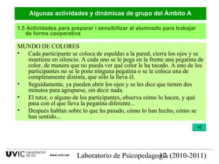Laboratorio de Psicopedagogía (2010-2011)17
MUNDO DE COLORES
• Cada participante se coloca de espaldas a la pared, cierra los ojos y se
mantiene en silencio. A cada uno se le pega en la frente una pegatina de
color, de manera que no pueda ver qué color le ha tocado. A uno de los
participantes no se le pone ninguna pegatina o se le coloca una de
completamente distinta, que sólo la lleva él.
• Seguidamente, ya pueden abrir los ojos y se les dice que tienen dos
minutos para agruparse, sin decir nada.
• El tutor, o alguno de los participantes, observa cómo lo hacen, y qué
pasa con el que lleva la pegatina diferente...
• Después hablan sobre lo que ha pasado, cómo lo han hecho, cómo se
han sentido...
1.5 Actividades para preparar i sensibilizar al alumnado para trabajar
de forma cooperativa
Algunas actividades y dinámicas de grupo del Ámbito A
www.uvic.cat
 