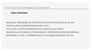 INCLUIR EL PROGRAMA DE PROTECCION CONTRA CAIDAS EN EL SG SST
CONTAR CON UN ADMINISTRADOR DEL PPCC.
DIVULGAR LOS PROCEDIMIENTOS DE TRABAJO EN ALTURAS
DESARROLLAR PLANES DE PREPARACION Y RESPUESTA ANTE EMERGENCIA .
INFORMAR A LA ARL LA FORMACION DE CUALQUIER EMPLEADO EN TSA
ART 61 NUEVAS RESPONSABILIDADES DEL EMPLEADOR
DEBES CONSIDERAR
 