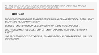 TODO PROCEDIMIENTO DE TSA DEBE DESCRIBIR LA FORMA ESPECIFICA , DETALLADA Y
SEGURA DE REALIZAR UNA LABOR
SE DEBE TENER EVIDENCIA DE LA DIVULGACION A LOS TRABAJADORES .
LOS PROCEDIMIENTOS DEBEN CONTAR EN UN LAPSO DE TIEMPO DE REVISION Y
AJUSTE .
LOS PROCEDIMIENTOS DE TAREAS RUTINARIAS DEBEN ACOMPAÑARSE DE UNA LISTA
DE CHEQUEO
ART 14DETERMINA LA OBLIGACION DE DOCUMENTACION DE TODA LABOR QUE IMPLIQUE
TRABAJO EN ALTURAS MEDIANTE PROCEDIMIENTO ESCRITO
DEBES HACER
 
