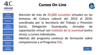 Centro
Empresarial
Centro
capacitador
Cursos On Line
Centro
Emprendedor
Creando una
Empresa
Centro
Certificador
DEMEZCAL
Cursos On Line
Inicio
Atención de más de 25,000 cursantes virtuales en las
Semanas de Cultura Laboral del 2013 al 2019,
coordinada por la Secretaría del Trabajo y Previsión
Social, Delegación Guanajuato, Jornadas de
capacitación virtual con Instituto de la Juventud (entre
otros), y cursos individuales.
Además del programa continuo de formación sobre
competencias y el Programa COL.
 