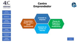 Asesoría en
puesta en
marcha
Creando tu
empresa
Hospedajes,
diseño web y
email
institucional
Planes de
Negocios o
Proyectos
Productivos
Centro
Empresarial
Centro
capacitador
Cursos On Line
Centro
Emprendedor
Creando una
Empresa
Centro
Certificador
DEMEZCAL
Centro
Emprendedor
Inicio
 