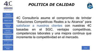 POLITICA DE CALIDAD
4C Consultoría asume el compromiso de brindar
“Soluciones Competitivas Reales a tu Alcance” para
satisfacer a nuestros clientes con nuestras 4C
basadas en el SGC, ventajas competitivas,
competencias laborales y una mejora continua que
incremente la competitividad en el mercado.
Inicio
Filosofía
empresarial
Política de
Calidad
Ventajas
Competitivas
Calidad del
Servicio
Certificaciones
y
Acreditaciones
Convenios y
Redes
Objeto social
 