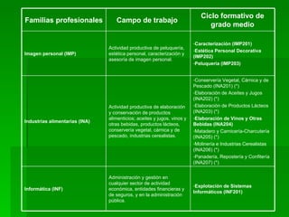 Explotación de Sistemas Informáticos (INF201) Administración y gestión en cualquier sector de actividad económica, entidades financieras y de seguros, y en la administración pública.  Informática (INF)   Conservería Vegetal, Cárnica y de Pescado (INA201) (*) Elaboración de Aceites y Jugos (INA202) (*) Elaboración de Productos Lácteos (INA203) (*) Elaboración de Vinos y Otras Bebidas (INA204) Matadero y Carnicería-Charcutería (INA205) (*) Molinería e Industrias Cerealistas (INA206) (*) Panadería, Repostería y Confitería (INA207) (*) Actividad productiva de elaboración y conservación de productos alimenticios; aceites y jugos, vinos y otras bebidas, productos lácteos, conservería vegetal, cárnica y de pescado, industrias cerealistas.  Industrias alimentarias (INA)   Caracterización (IMP201) Estética Personal Decorativa (IMP202) Peluquería (IMP203) Actividad productiva de peluquería, estética personal, caracterización y asesoría de imagen personal.  Imagen personal (IMP)   Ciclo formativo de grado medio Campo de trabajo  Familias profesionales  