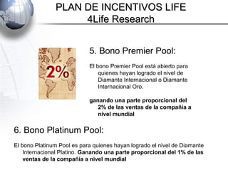 5. Bono Premier Pool:  El bono Premier Pool está abierto para quienes hayan logrado el nivel de Diamante Internacional o Diamante Internacional Oro. ganando una parte proporcional del 2% de las ventas de la compañía a nivel mundial PLAN DE INCENTIVOS LIFE 4Life Research 6. Bono Platinum Pool:  El bono Platinum Pool es para quienes hayan logrado el nivel de Diamante Internacional Platino.  Ganando una parte proporcional del 1% de las ventas de la compañía a nivel mundial 