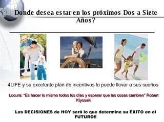 Donde desea estar en los próximos Dos a Siete Años? 4LIFE y su excelente plan de incentivos lo puede llevar a sus sueños Las DECISIONES de HOY será lo que determine su ÉXITO en el FUTURO!! Locura: “Es hacer lo mismo todos los días y esperar que las cosas cambien” Robert Kiyosaki 