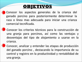 Conocer los aspectos generales de la crianza del
ganado porcino para posteriormente determinar la
raza o línea mas adecuada para iniciar una crianza
comercial tecnificada.
OBJETIVOS
Conocer los criterios técnicos para la construcción de
una granja para porcinos, así como las ventajas y
desventajas del tipo de alojamiento a usarse en la
crianza.
Conocer, analizar y entender las etapas de producción
del ganado porcino , destacando la importancia de su
control y registro en la productividad y rentabilidad de
una granja.
 