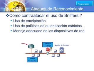 LOGO
                Ataques de Reconocimiento
Como contraatacar el uso de Sniffers ?
   Uso de encriptación.
   Uso de políticas de autenticación estrictas.
   Manejo adecuado de los dispositivos de red


                          Ajlk3hs%
                          A4s3?kjdl   Servidor de Dominio




              Usuario
             Contraseña
 