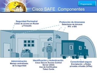 LOGO
                      Cisco SAFE Componentes

      Seguridad Perimetral                        Protección de Amenazas
    Listas de acceso en Router                          Detectores de Intrusos
            y Firewalls                                       IPS e IDS




 Administración        Identificación y Autenticación
                          Cisco Secure Access Control            Conectividad segura
Manejo centralizado                                              Encriptación y Redes
  de la seguridad                Server (AAA)
                              Uso de Certificados               privadas virtudes (VPNs)
                                  Token Cards
 