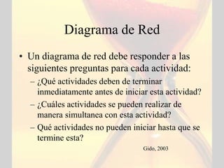 Diagrama de Red
• Un diagrama de red debe responder a las
  siguientes preguntas para cada actividad:
  – ¿Qué actividades deben de terminar
    inmediatamente antes de iniciar esta actividad?
  – ¿Cuáles actividades se pueden realizar de
    manera simultanea con esta actividad?
  – Qué actividades no pueden iniciar hasta que se
    termine esta?
                                  Gido, 2003
 