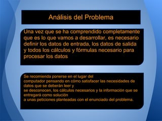 Análisis del Problema

Una vez que se ha comprendido completamente
que es lo que vamos a desarrollar, es necesario
definir los datos de entrada, los datos de salida
y todos los cálculos y fórmulas necesario para
procesar los datos


Se recomienda ponerse en el lugar del
computador pensando en cómo satisfacer las necesidades de
datos que se deberán leer y
se desconocen, los cálculos necesarios y la información que se
entregará como solución
a unas peticiones planteadas con el enunciado del problema.
 