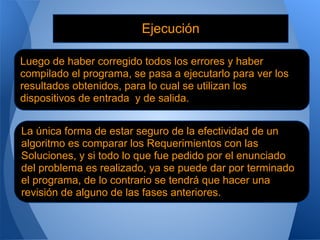 Ejecución

Luego de haber corregido todos los errores y haber
compilado el programa, se pasa a ejecutarlo para ver los
resultados obtenidos, para lo cual se utilizan los
dispositivos de entrada y de salida.


La única forma de estar seguro de la efectividad de un
algoritmo es comparar los Requerimientos con las
Soluciones, y si todo lo que fue pedido por el enunciado
del problema es realizado, ya se puede dar por terminado
el programa, de lo contrario se tendrá que hacer una
revisión de alguno de las fases anteriores.
 