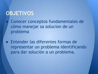 OBJETIVOS
● Conocer conceptos fundamentales de
  cómo manejar sa solucion de un
  problema
 
● Entender las diferentes formas de
  representar un problema identificando
  para dar solución a un problema.
 
 