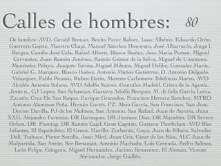 Calles de hombres: 80
De hombre: AVD. Gerald Brenan, Benito Perez Ralvez, Isaac Albéniz, Eduardo Ocón,
Guerrero Gajete, Ma...