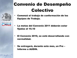 Convenio de Desempeño Colectivo Comenzó el trabajo de conformación de los Equipos de Trabajo. La metas del Convenio 2011 deberán estar fijadas el 15.10 El Convenio 2010, se está desarrollando con normalidad. Se entregará, durante este mes, un Pre – Informe a AUDIN. 