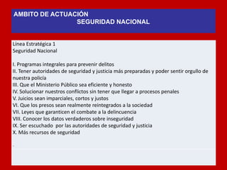 Línea Estratégica 1 
Seguridad Nacional 
I. Programas integrales para prevenir delitos 
II. Tener autoridades de seguridad y justicia más preparadas y poder sentir orgullo de nuestra policía 
III. Que el Ministerio Público sea eficiente y honesto 
IV. Solucionar nuestros conflictos sin tener que llegar a procesos penales 
V. Juicios sean imparciales, cortos y justos 
VI. Que los presos sean realmente reintegrados a la sociedad 
VII. Leyes que garanticen el combate a la delincuencia 
VIII. Conocer los datos verdaderos sobre inseguridad 
IX. Ser escuchado por las autoridades de seguridad y justicia 
X. Más recursos de seguridad 
¨ 
AMBITO DE ACTUACIÓN 
SEGURIDAD NACIONAL 
 