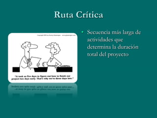 Ruta Crítica
      • Secuencia más larga de
        actividades que
        determina la duración
        total del proyecto
 