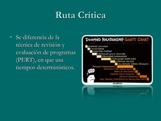 Ruta Crítica

• Se diferencia de la
  técnica de revisión y
  evaluación de programas
  (PERT), en que usa
  tiempos determinísticos.
 