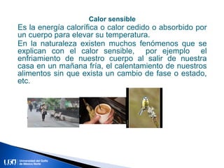 Calor sensible
Es la energía calorífica o calor cedido o absorbido por
un cuerpo para elevar su temperatura.
En la naturaleza existen muchos fenómenos que se
explican con el calor sensible, por ejemplo el
enfriamiento de nuestro cuerpo al salir de nuestra
casa en un mañana fría, el calentamiento de nuestros
alimentos sin que exista un cambio de fase o estado,
etc.
 