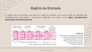 Convección Interna Forzada 13
Región de Entrada
La región que se encuentra más allá de la región de entrada, en la cual el perfil de velocidad está
completamente desarrollado y permanece inalterado, se conoce como región completamente
desarrollada hidrodinámicamente.
 