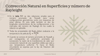 ▪ En la tabla 9-1 se dan relaciones simples para el
número promedio de Nusselt para varias
configuraciones geométricas, junto con esquemas de
estas últimas. En esta tabla también se dan las
longitudes características de las configuraciones y los
intervalos del número de Rayleigh en los cuales la
relación es aplicable.
▪ Todas las propiedades del fluido deben evaluarse a la
temperatura de película 𝑇𝑓 =
𝑇𝑠+𝑇∞
2
▪ Cuando se conoce el número promedio de Nusselt y,
por consiguiente, el coeficiente promedio de
convección, la razón de la transferencia de calor por
convección natural de una superficie sólida que está a
una temperatura uniforme Ts hacia el fluido
circundante se expresa por la ley de Newton del
enfriamiento.
Convección Natural en Superficies y número de
Rayleight
Convección Natural 32
2024
 