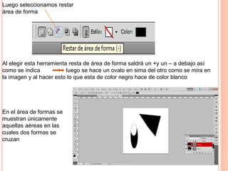 Luego seleccionamos restar
área de forma
Al elegir esta herramienta resta de área de forma saldrá un +y un – a debajo así
como se indica +- luego se hace un ovalo en sima del otro como se mira en
la imagen y al hacer esto lo que esta de color negro hace de color blanco
En el área de formas se
muestran únicamente
aquellas aéreas en las
cuales dos formas se
cruzan
 