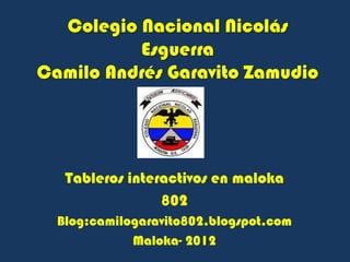 Colegio Nacional Nicolás
          Esguerra
Camilo Andrés Garavito Zamudio




   Tableros interactivos en maloka
                 802
  Blog:camilogaravito802.blogspot.com
             Maloka- 2012
 