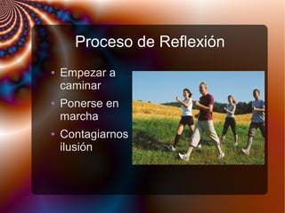 Proceso de Reflexión
● Empezar a
caminar
● Ponerse en
marcha
● Contagiarnos
ilusión
 