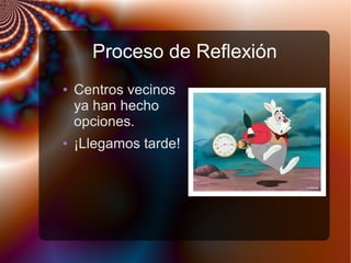 Proceso de Reflexión
● Centros vecinos
ya han hecho
opciones.
● ¡Llegamos tarde!
 